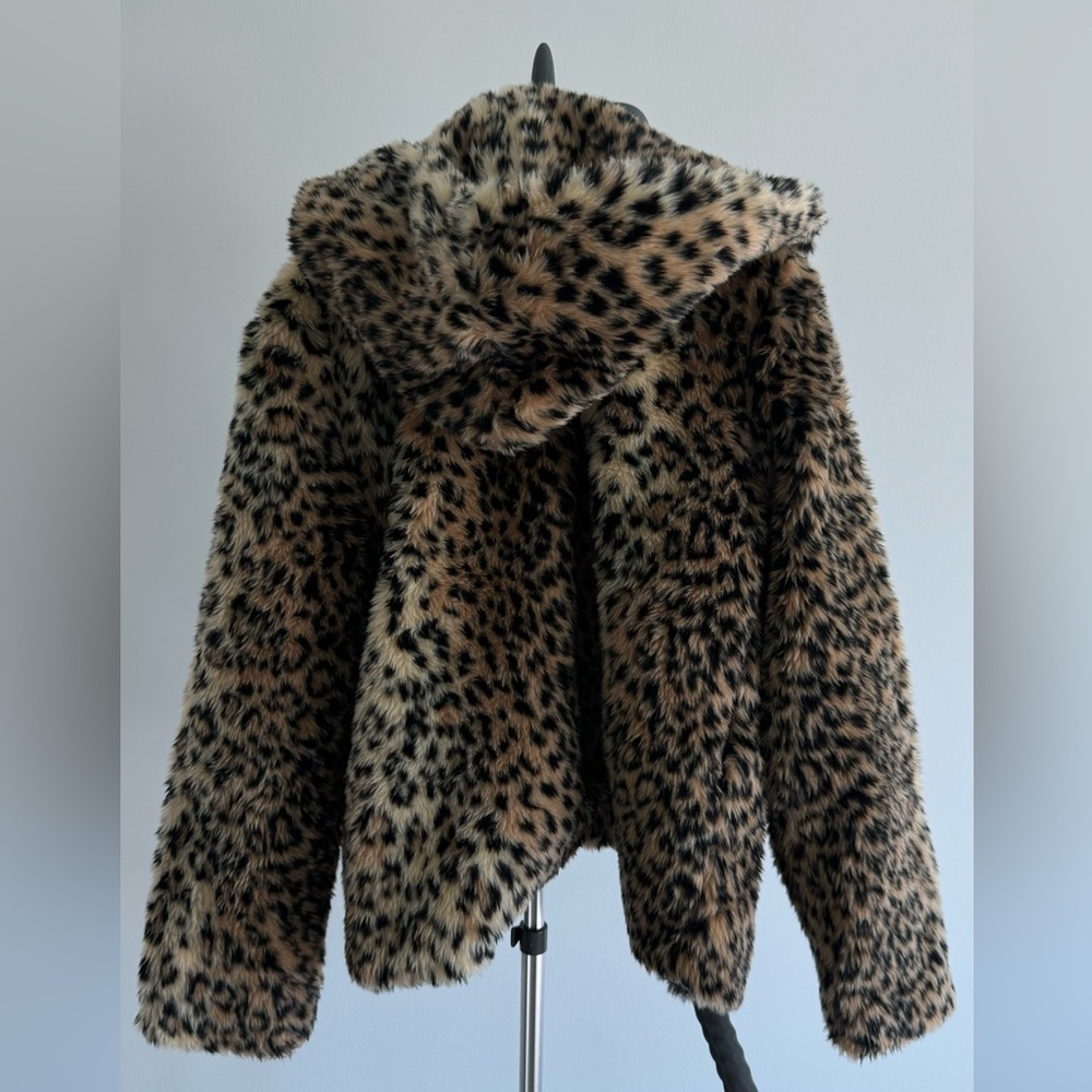 Zara Leopard Print Faux Fur Bomber Jacket - Brown, Black - Picture 3 of 7